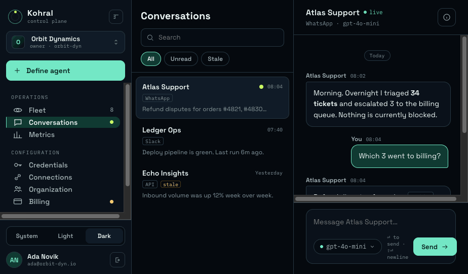 Kohral Conversations workspace showing a live agent thread